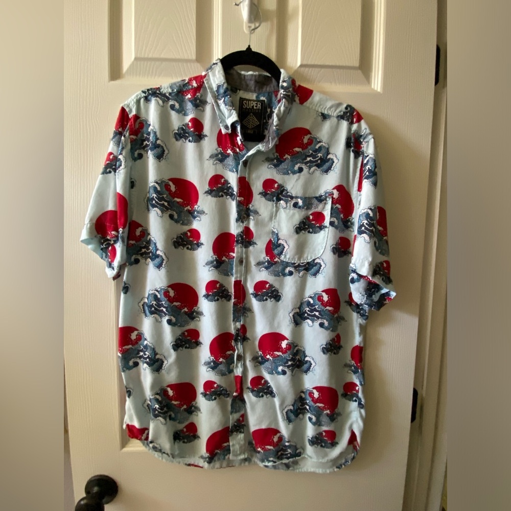 Super Massive Men's Casual Button Down Shirt - Red and Blue Waves